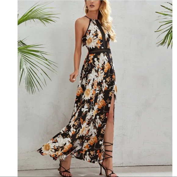 Boho Floral Print Criss Cross Lace Maxi Dress Cottagecore XS S M L 1X 2X 3X 4X - Picture 6 of 6